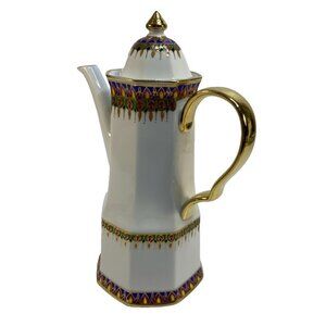 Thai Benjarong Porcelain Octagon Lidded Coffee Gold Accent Thailand 10"